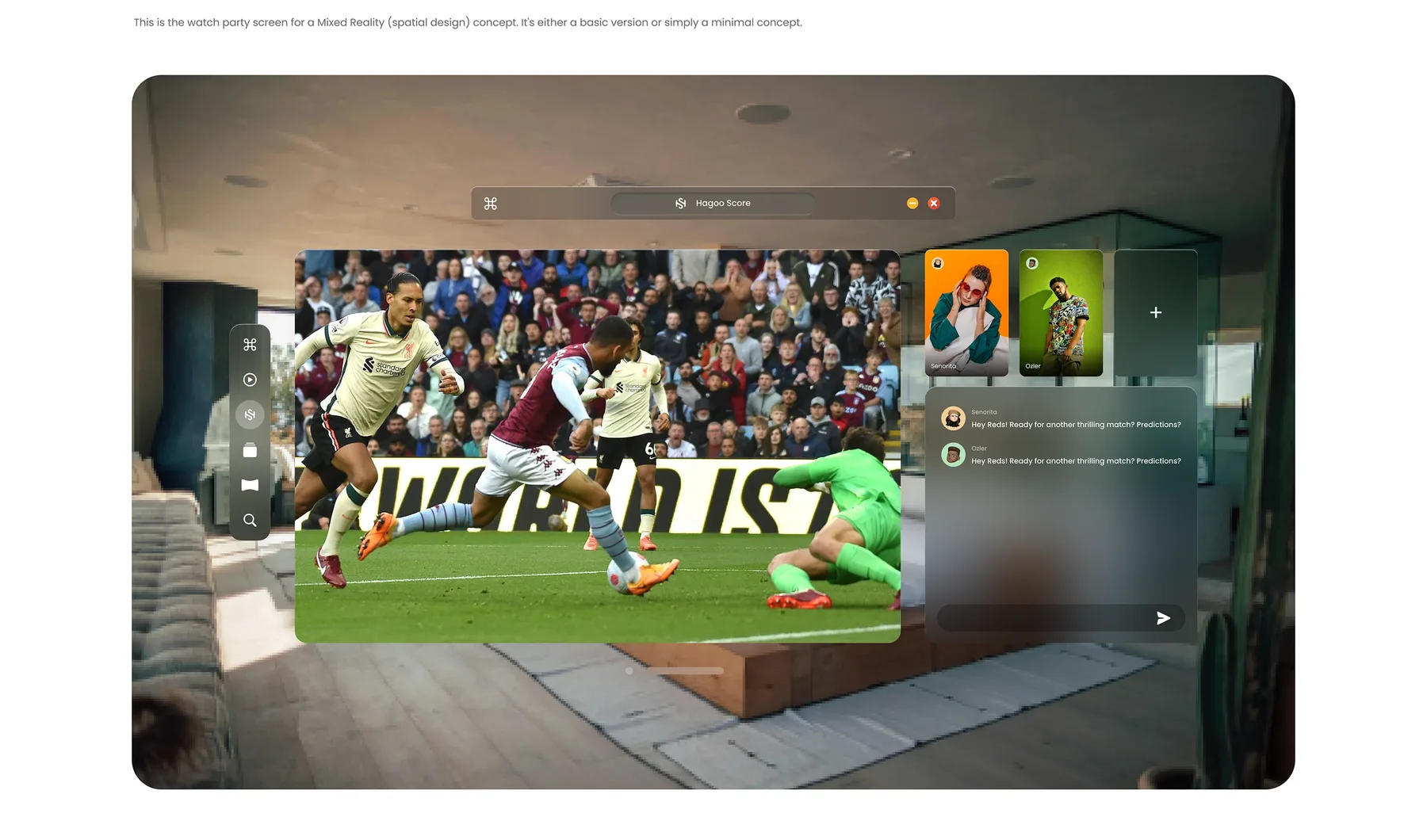 Hagoo Score watch party in a mixed-reality spatial interface over a living room