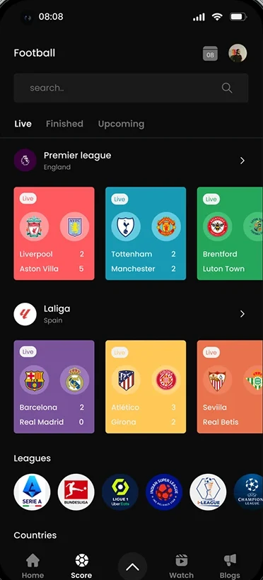 Scores screen before refinement with coloured match cards