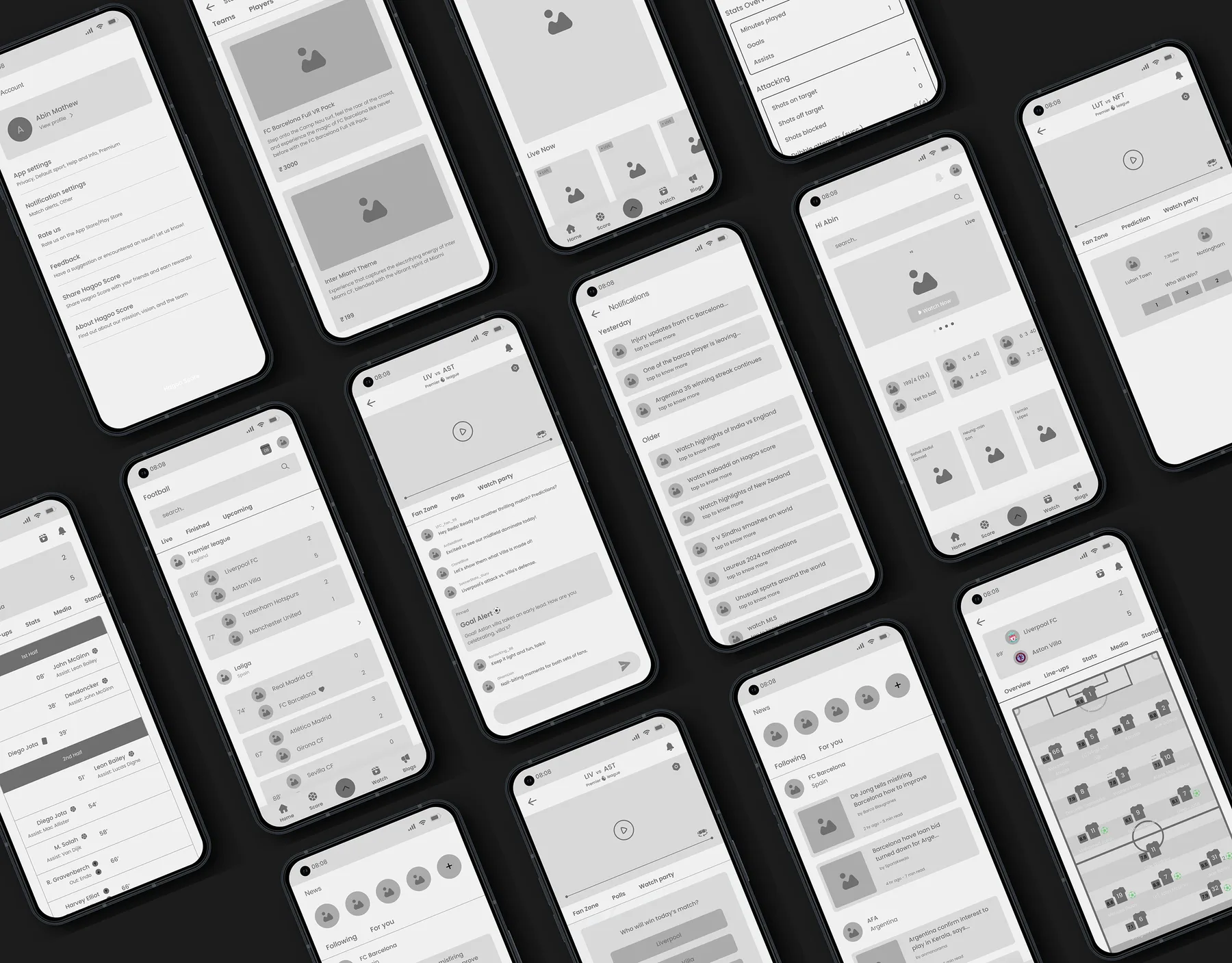 Mid-fidelity greyscale wireframes of Hagoo Score screens