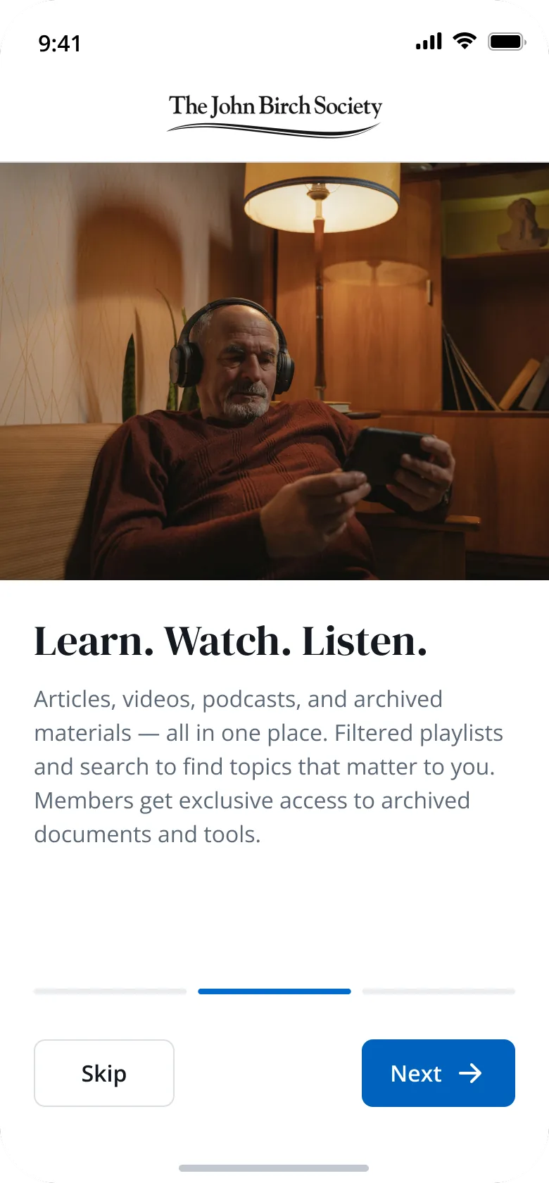 JBS Splash — Onboarding — Learn, watch, listen
