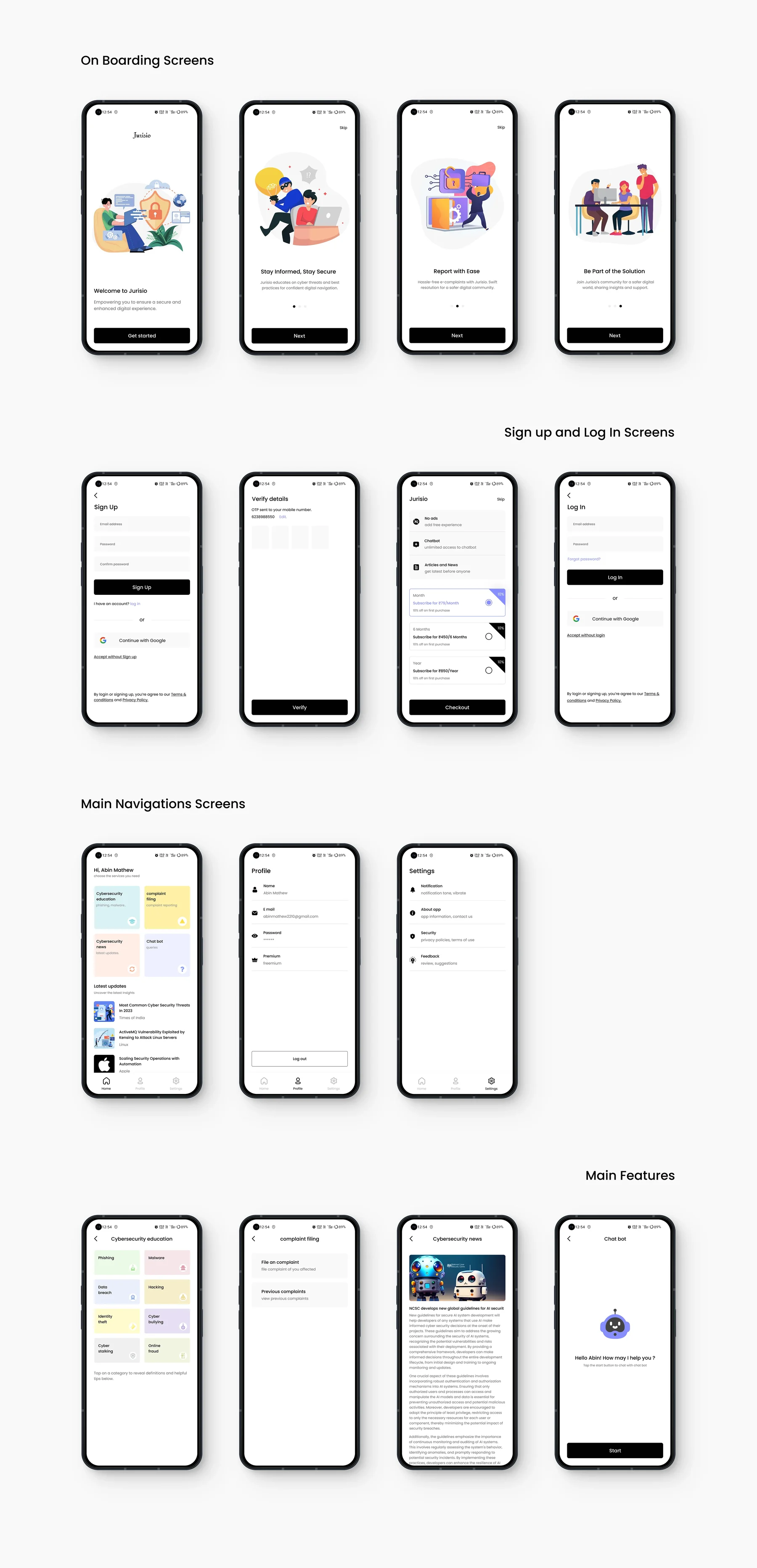 Final Jurisio screens: onboarding, sign up, OTP verification, subscription plans, log in, home, profile, settings, cybersecurity education, complaint filing, cybersecurity news and chatbot
