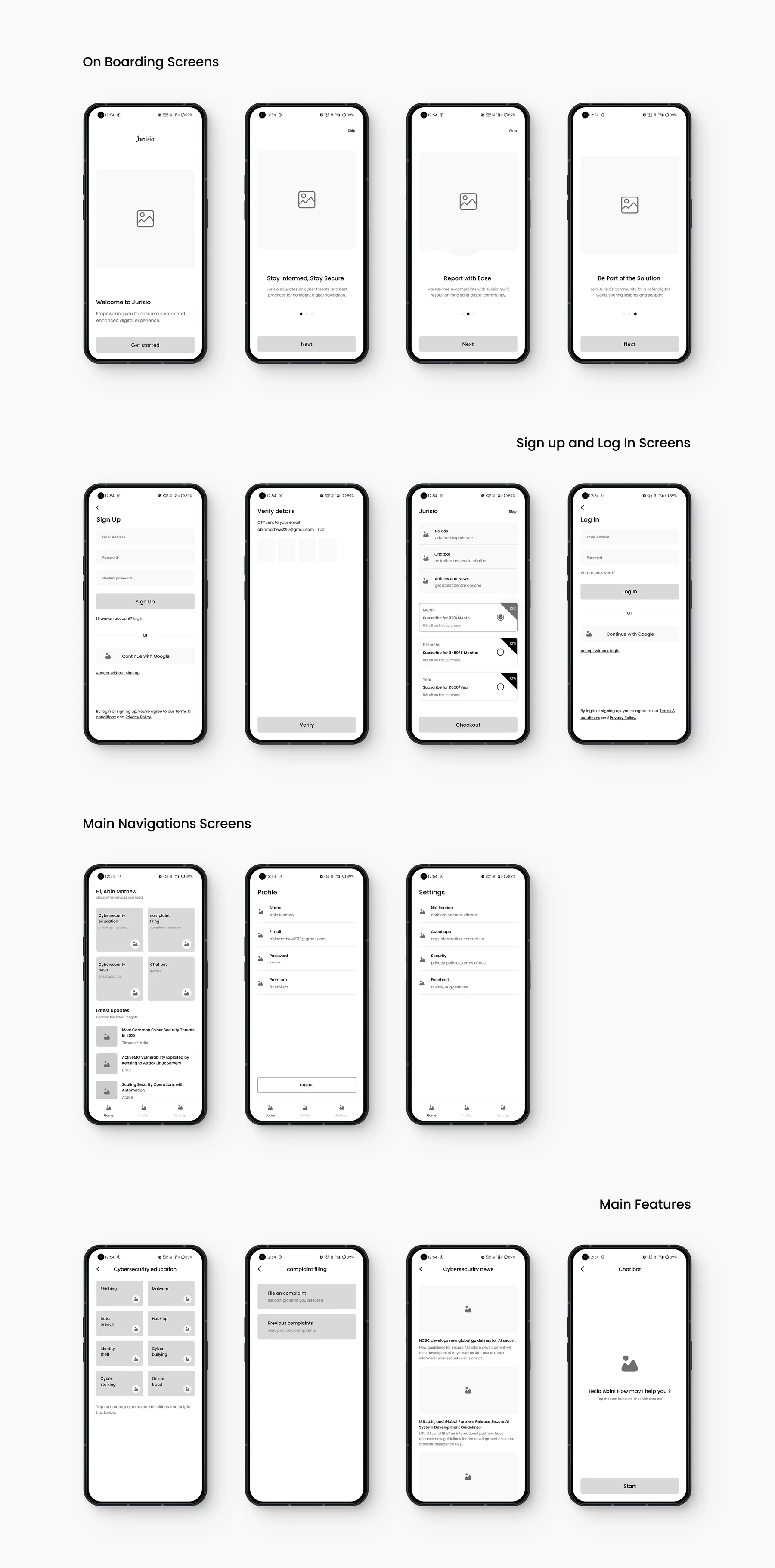 Greyscale wireframes of Jurisio onboarding, sign up and log in, main navigation and main feature screens