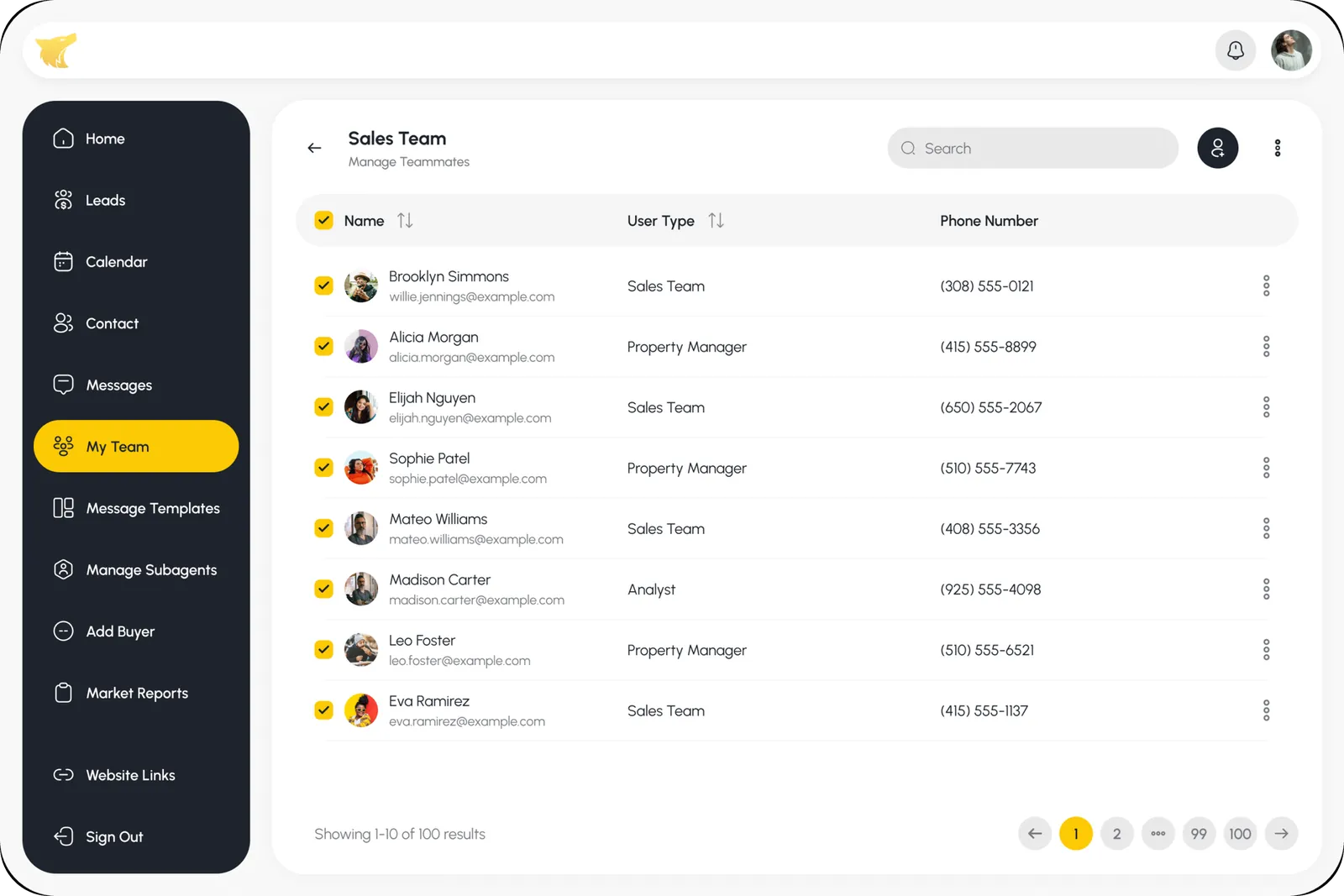 Leads Den Team Management — Bulk select