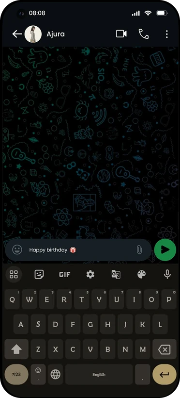 WhatsApp chat with the message Happy birthday typed in the input field