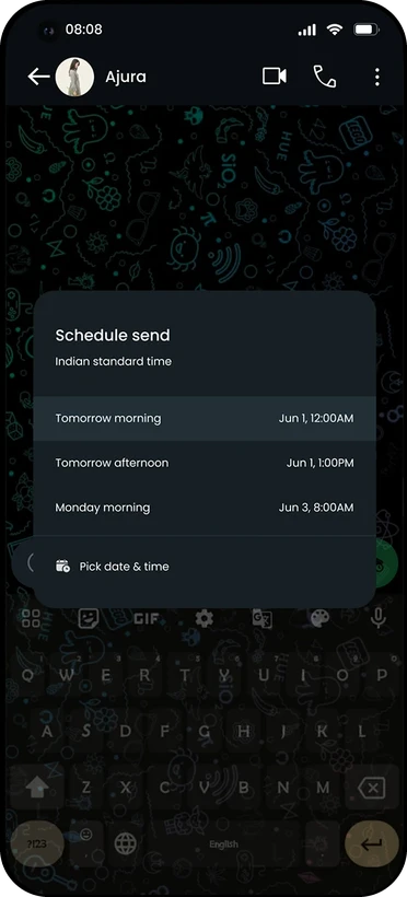 Schedule send overlay with tomorrow morning, tomorrow afternoon, Monday morning and pick date and time options