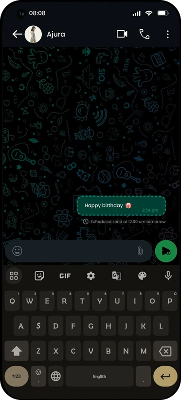 Scheduled message bubble with a dashed outline and the scheduled send time below it